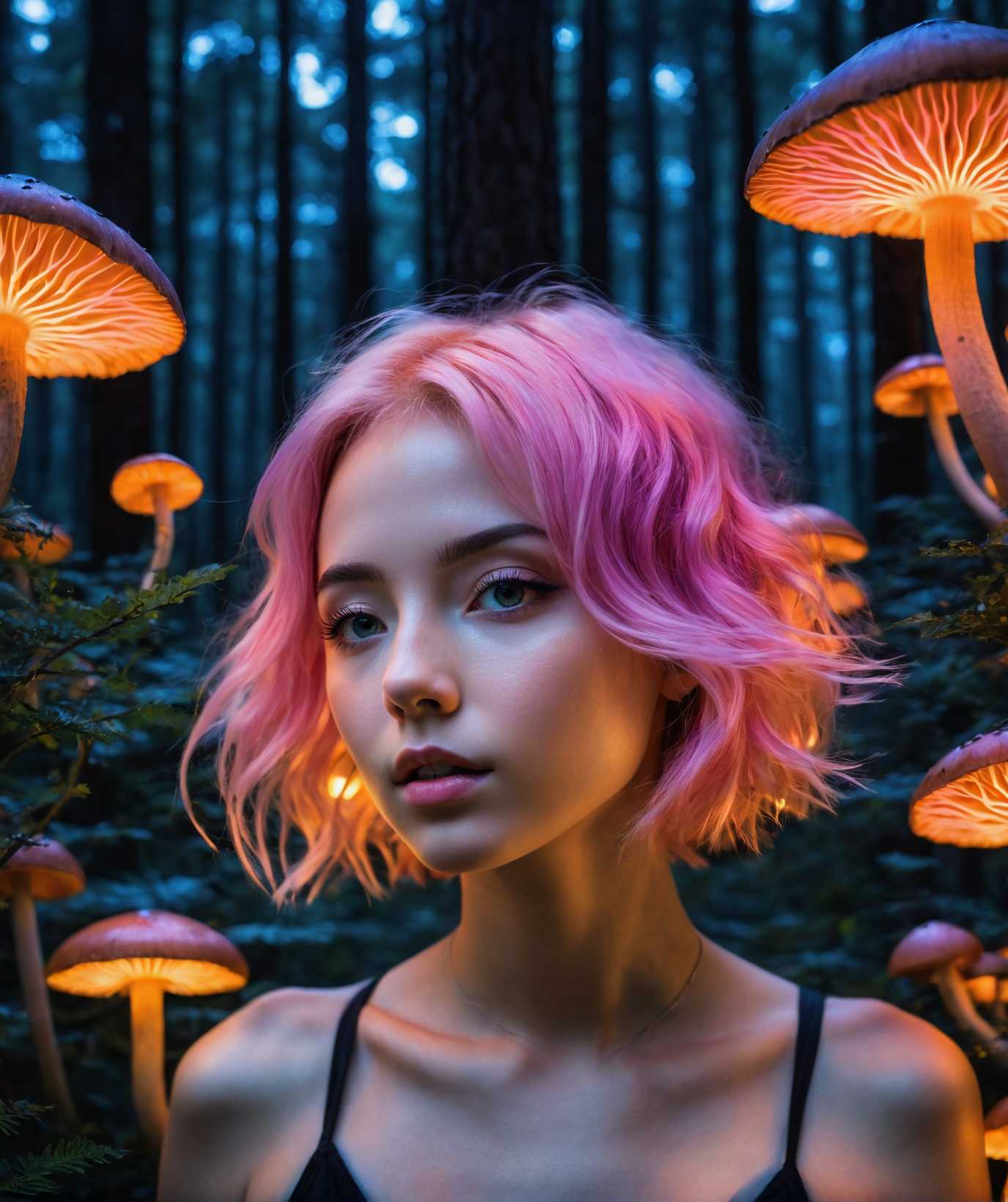 00520-3721013918-A close-up of a girl with pink hair in a dark, surreal forest. She is illuminated by vibrant, bioluminescent mushrooms casting a.jpg